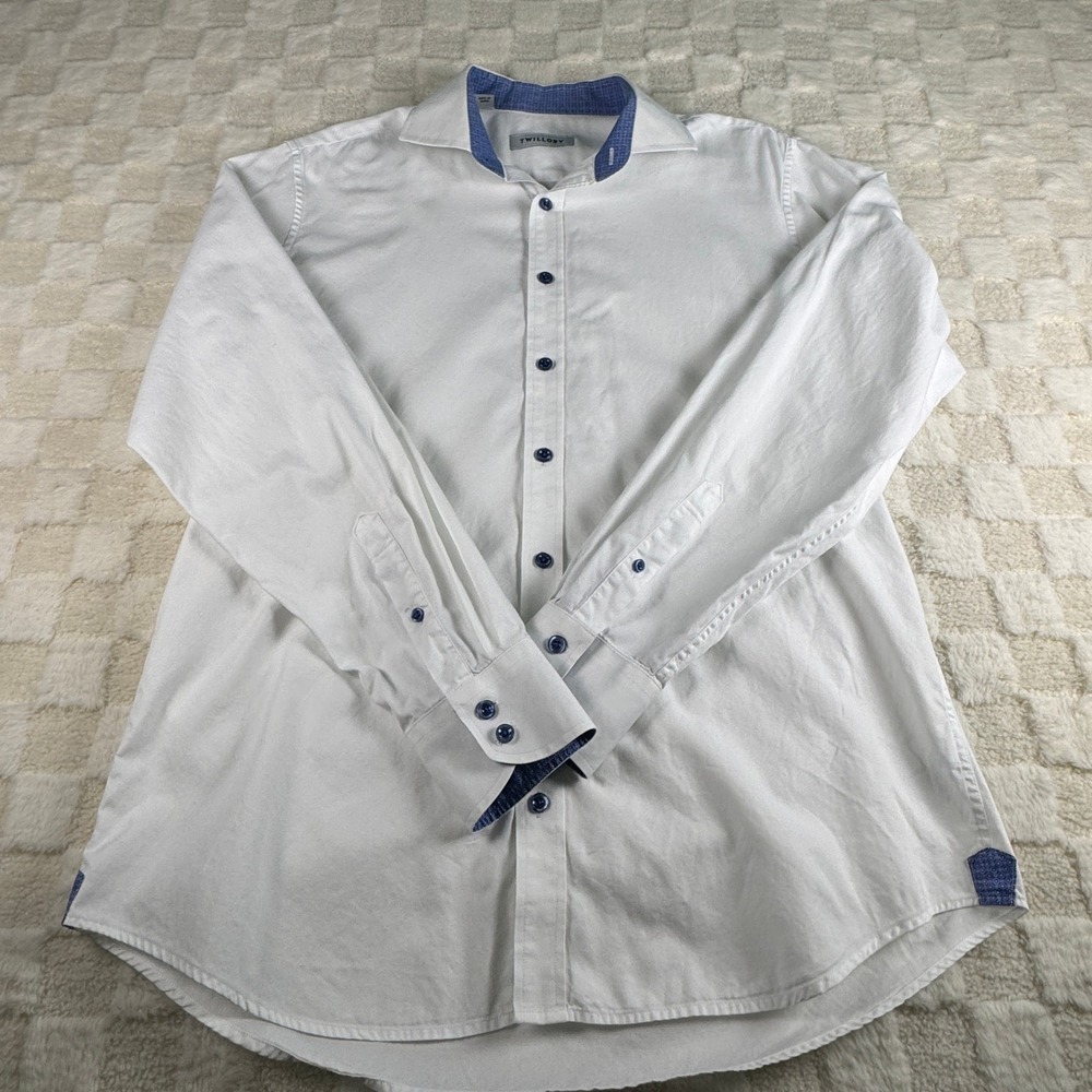 Twillory White Tailored Fit Dress Shirt Blue Contrast Trim 16.5 34/35 Mens